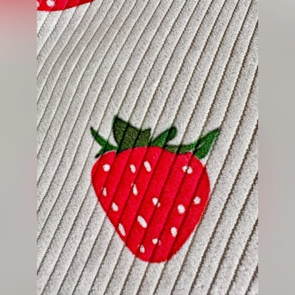 New Red Strawberry Lined Corduroy Makeup Cosmetic Tech Pencil Bag w/ Charm - 10”